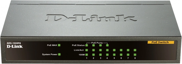 D-Link DES-1008PA 8-pordiline lauaarvuti Fast Etherneti kommutaator PoE-ga