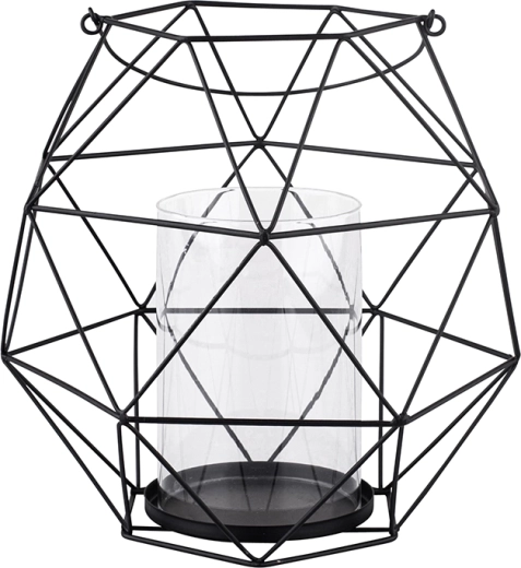 Metal geometric lantern candle holder with handle and glass insert 22 × 22 × 22 cm, black