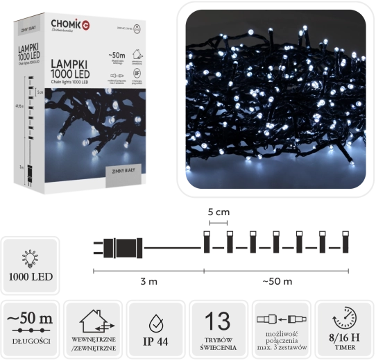LED-jõulutuled 1000 LED, külm valge, 53 m (50 m + 3 m)
