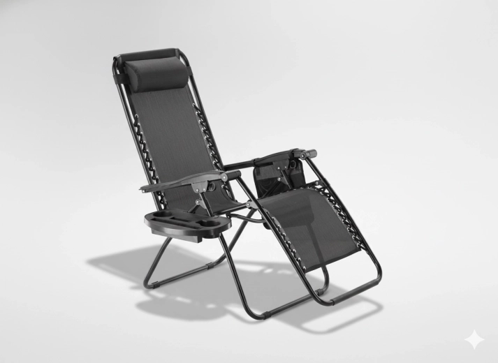 Folding garden lounger with tray, pocket and head pillow – black