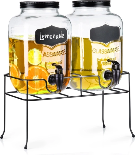 Kahekordne klaasist joogidosaator kraani ja musta alusega 2×4 l