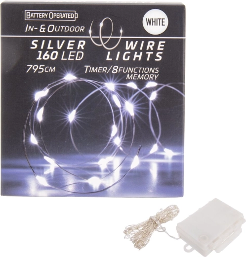 LED string lights on wire, 160 white LEDs with timer, for indoor and outdoor use