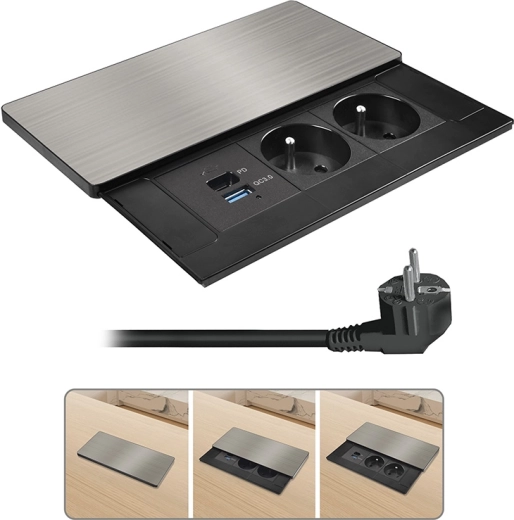 Solight süvistatav pistikupesaplokk liugkattega, 2× 230 V, USB-A + USB-C 20 W PD, 2 m, hõbedane