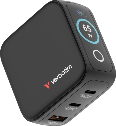 Verbatim mini GaN-laadija 65 W TFT-ekraaniga, 2× USB‑C ja 1× USB‑A, EU/UK/USA