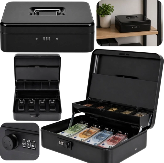Metal cash box with combination lock, black