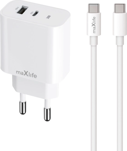 Maxlife kiirlaadija 30 W USB‑C ja USB‑ga + USB‑C – Lightning kaabel
