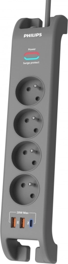 Ülepingekaitsega pikendusjuhe 2 m, 4 pistikupesa, 1× USB‑C, 2× USB‑A, PD 20 W / QC 18 W, 2400 J – Philips