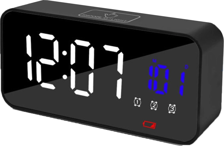 Elektrooniline LED-äratuskell peegeldisplei ja termomeetriga – 1 tk