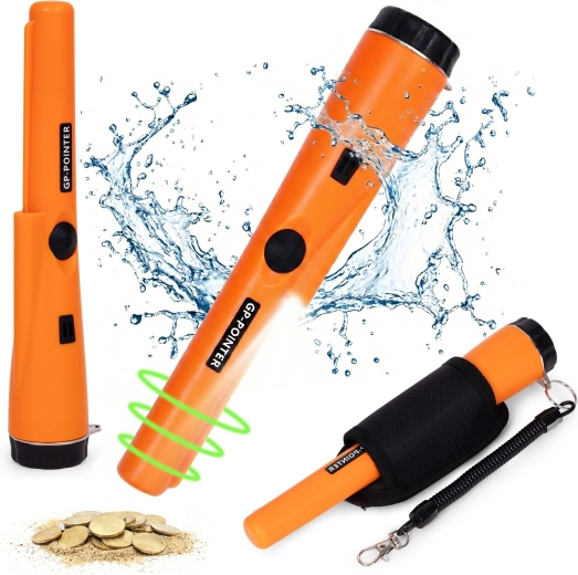 Waterproof handheld pinpointer metal detector with LED flashlight and holster