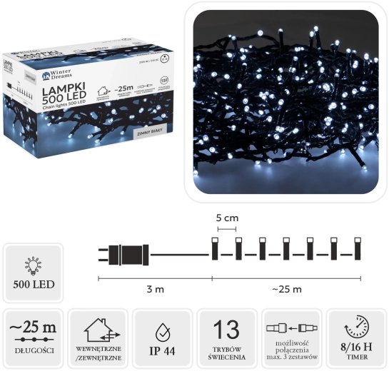 500 LED-iga valguskett, külm valge, 25 m