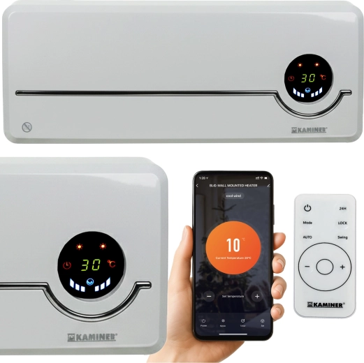 Kaminer Airo wall-mounted electric hot air curtain with Wi‑Fi and remote control