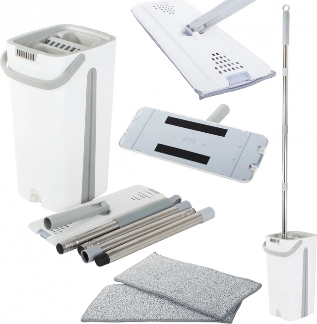 Flat mop with a dual-chamber wringer bucket and 2 microfiber pads