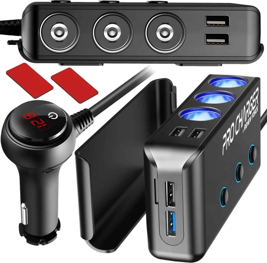 Auto sigaretisüütaja jaotur 200 W 3 pesaga ja 4× USB-ga (QC 3.0 + PD) digitaalse voltmeetriga - 1 tk