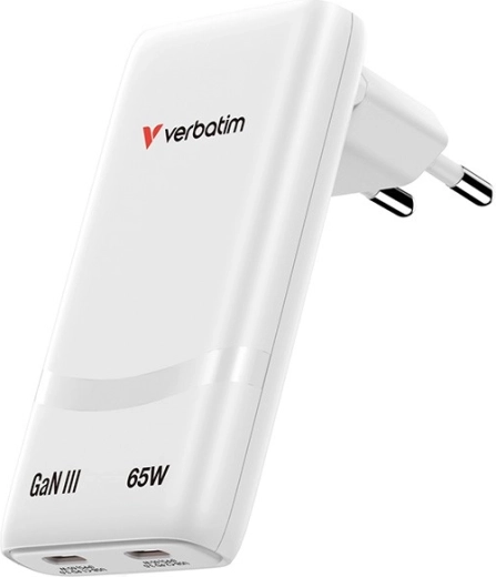Verbatim Fold n Go GaN laadija 65 W, 2× USB‑C (PD 3.0, PPS), valge