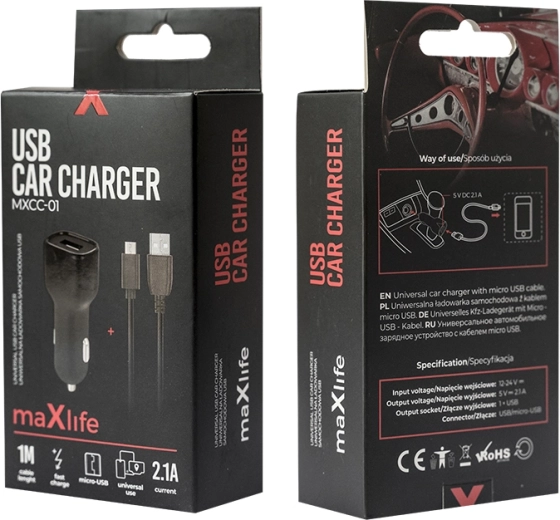 Maxlife autolaadija 2,1 A microUSB-ga, must