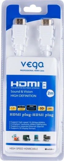 Vega HDMI-kaabel 3D, kullatud pistikud, 2 m, valge