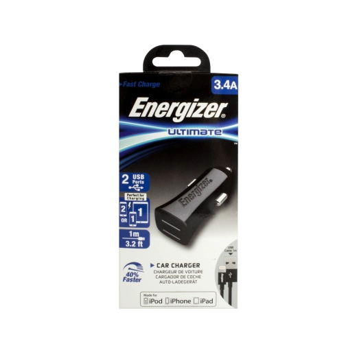 Energizeri autoadapter 3,4 A kahe USB-pordiga, must