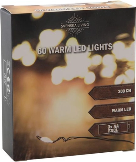 Valguskett 60 LED sooja valge valgusega 3 m, must, patareitoitel