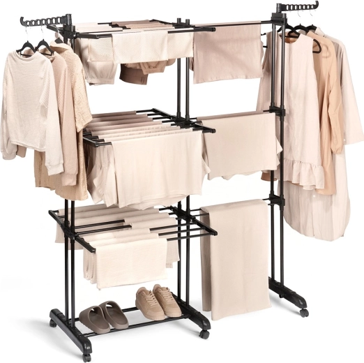 Metallist must, teleskoopiline pesukuivatusrest, 3 taset, ratastel 78–130 × 64 × 172 cm