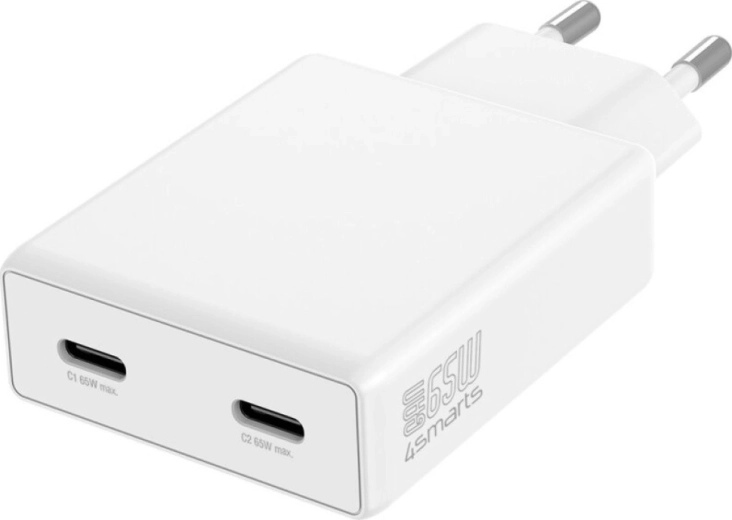 PDPlug 65W GaN võrgulaadija kahe USB‑C pesaga, valge