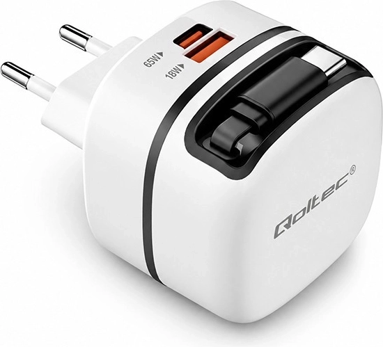 Qoltec GaN võrgulaadija 65 W USB‑C PD PPS väljatõmmatava kaabliga