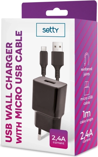 Setty laadija 2,4 A microUSB-kaabliga 1 m, must