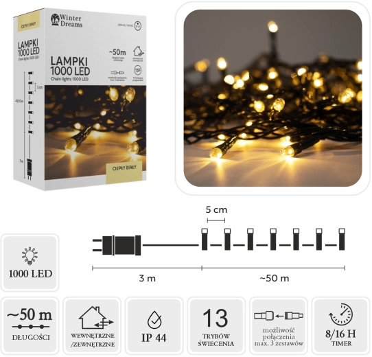 LED-valguskett, 1000 dioodi, soe valge, 50 m