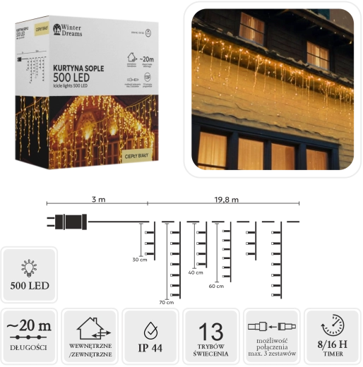 LED-valguskardin jääpurikatega, 500 LED-i, soe valge, 20 m