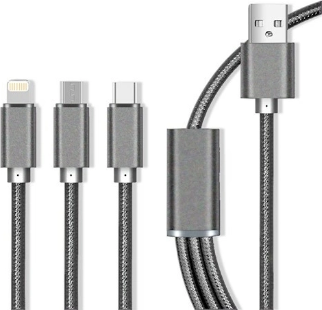 Maxlife nailonkaabel 3-ühes kiire laadimisega 2,1 A – Lightning/USB‑C/microUSB, hall