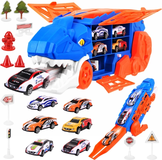 Dinosauruste T-Rexi transpordiauto autoraja ja 6 autoga