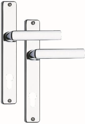 Ukse käepide kilbiga 90 mm silindrile, satiinkroom/roostevaba teras