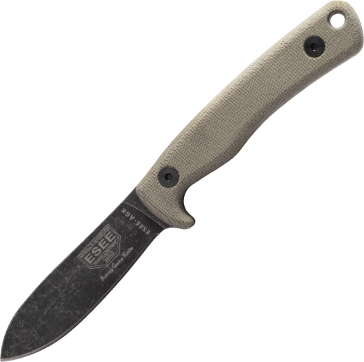 Jahinuga ESEE AGK, 9 cm, Black Stonewash, hall Micarta, nahktupp