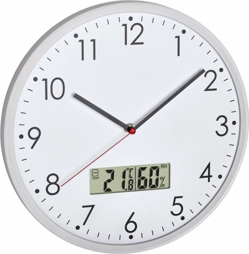 TFA analog wall clock with digital thermometer and hygrometer, white