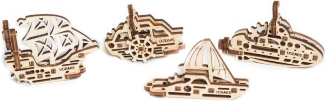 Ugears 3D puidust mehaaniline pusle – 4 mehaanilist ripatsit (laevad)