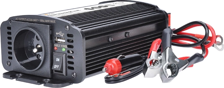 Solight pingemuundur (inverter) 12 V → 230 V, 300 W, USB, metallist, must