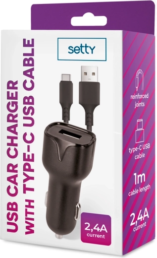 Setty autolaadija 1× USB 2,4 A must + USB‑C kaabel 1 m