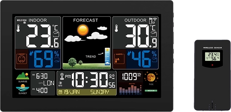 Solight ilmajaam XL värvilise LCD-ekraaniga, temperatuur, niiskus, rõhk, RCC, must