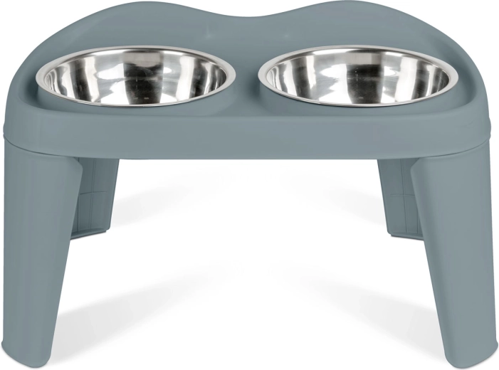 Elevated stand with two stainless steel bowls for dogs and cats, size S, grey