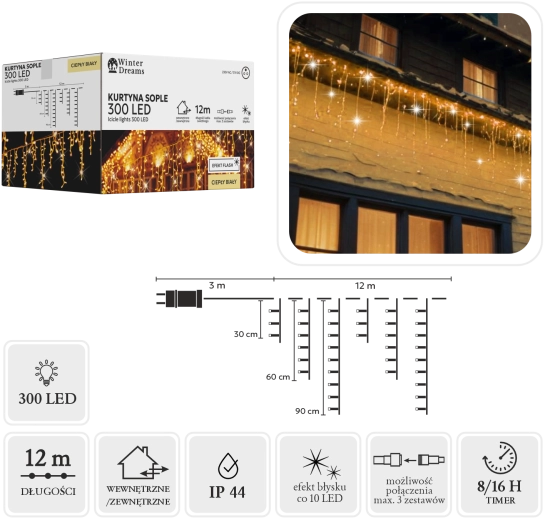 LED Icicle Light Chain 300 LEDs Warm White with Cool Flash Effect, 12 m