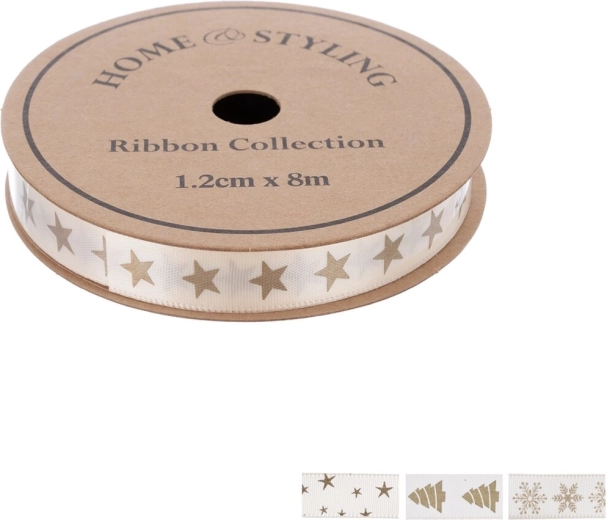 Home Styling jõuludekoratiivne lint beež kuldse trükiga 1,2 cm x 8 m