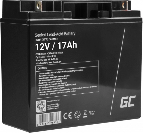 Hooldusvaba AGM aku GREEN CELL 12 V 17 Ah muruniidukitele, tõukeratastele, paatidele ja invatoolidele