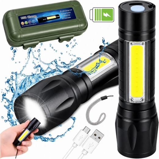Tactical COB LED Flashlight with USB Charging, Zoom and Case