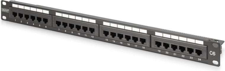 Patch-paneel 19" 24× RJ45 Cat 6, varjestamata, 1U, LSA, kaablite juhtimine, märgistusväli, must