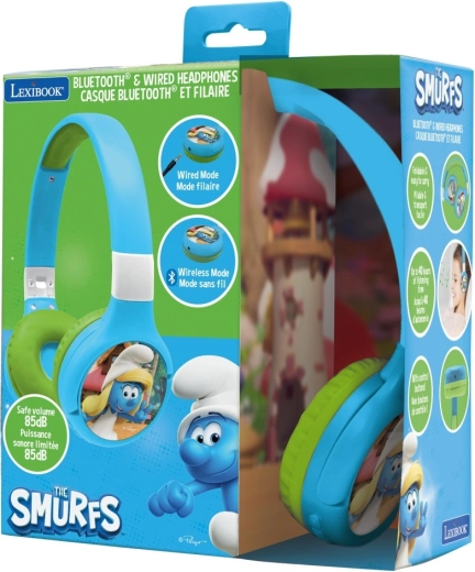 Laste kokkupandavad Bluetooth-kõrvaklapid helitugevuse piiranguga Smurfid 2‑ühes