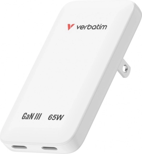 Verbatim Essentials slim GaN laadija 65 W, 2× USB-C, valge (US/UK/EU)