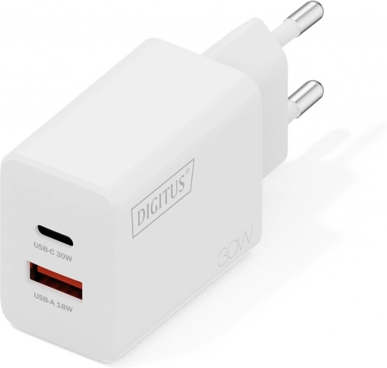 Kompaktne USB GaN võrguadapter 30 W, 1× USB‑C ja 1× USB‑A, valge