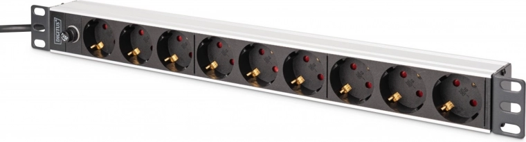 PDU jaotusliist 19" racki jaoks kaitsmega, 9x Schuko (45°), 2 m kaabel IEC C14-ga, 10 A, alumiiniumist