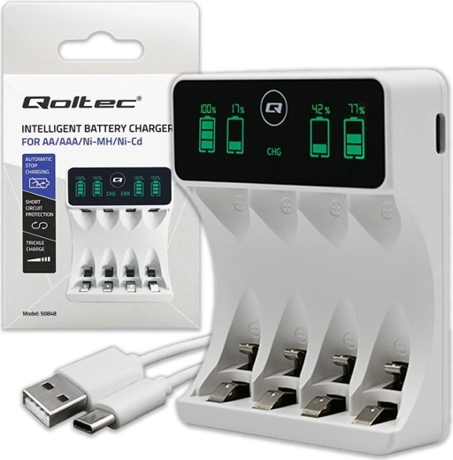 Ni‑MH AA/AAA akude laadija LCD‑ekraaniga ja USB‑C kaabliga, valge