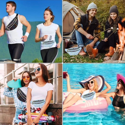 Unisex fanny pack with holographic geometric pattern, 3 pockets, adjustable strap