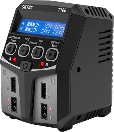SKYRC T100 kahekanaliline laadija 2×50 W XT60-ga